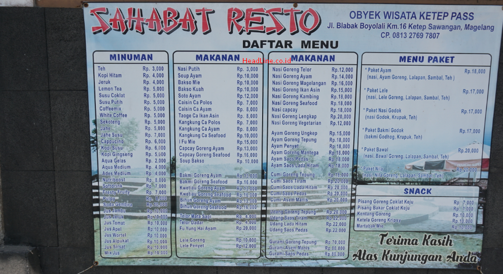 Harga Makanan di resto Ketep Pass Magelang