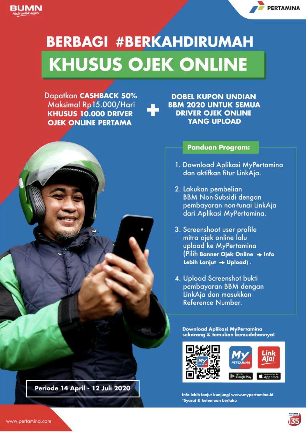 Berkah Ojek Online dapat cashback Pertamina ditengah wabah Corona.