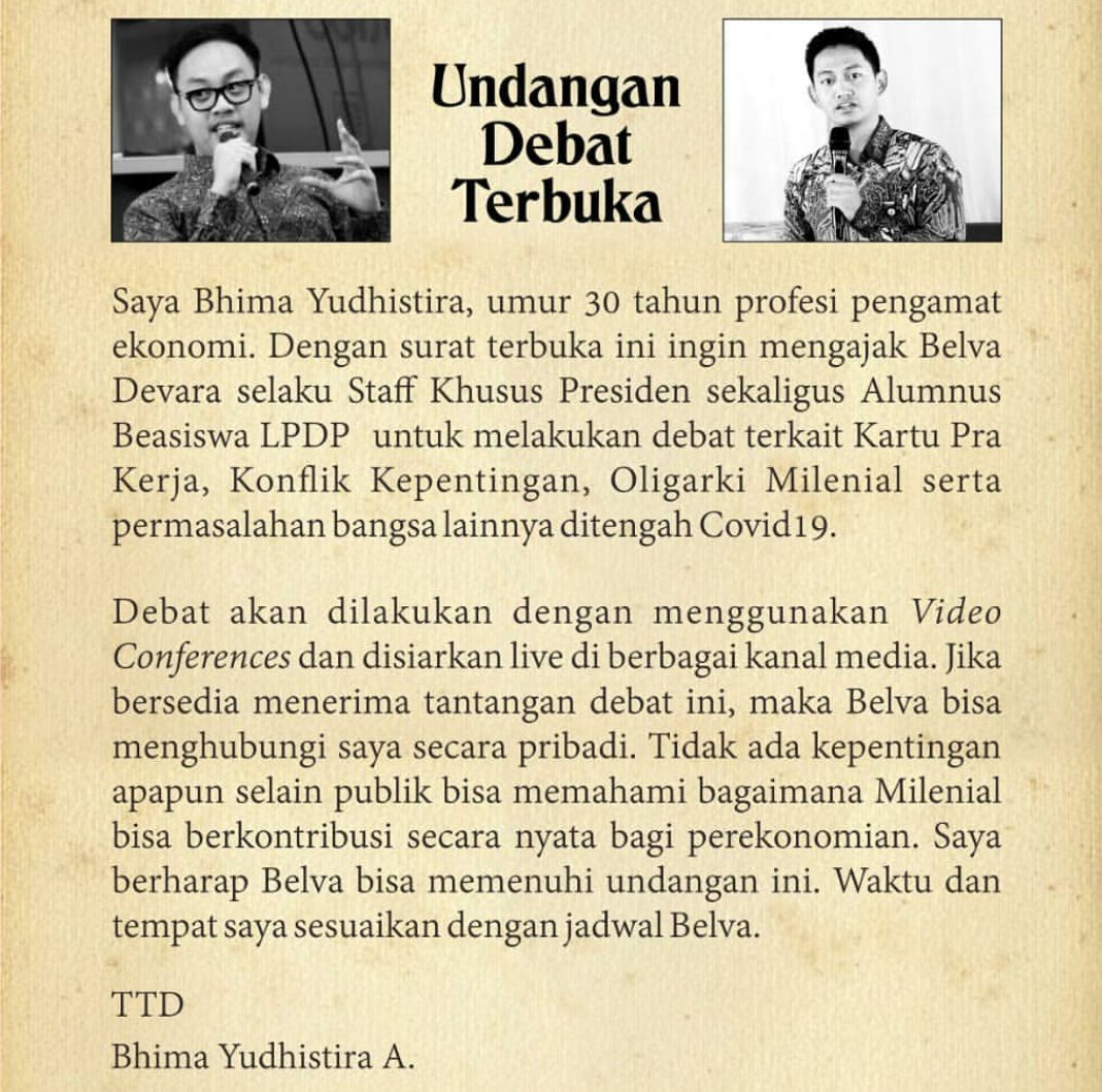 Undangan Debat Terbuka Bhima Yudhistira Ekonom INDEF kepada Belva CEO Ruang Guru sekaligus Stafsus Milenial Presiden Jokowi.
