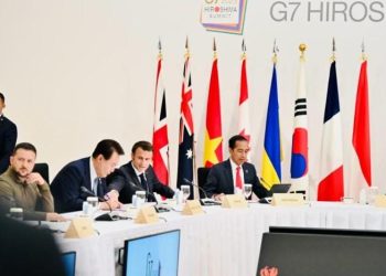 Presiden Joko Widodo menyampaikan pandangannya pada Konferensi Tingkat Tinggi G7 sesi kesembilan yang digelar di Hotel Grand Prince, Hiroshima, Jepang
