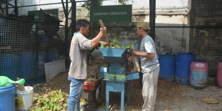 Pengelolaan sampah organik dari sampah daun di kompleks Balai Kota Yogyakarta dihancurkan dengan mesin untuk diolah menjadi kompos