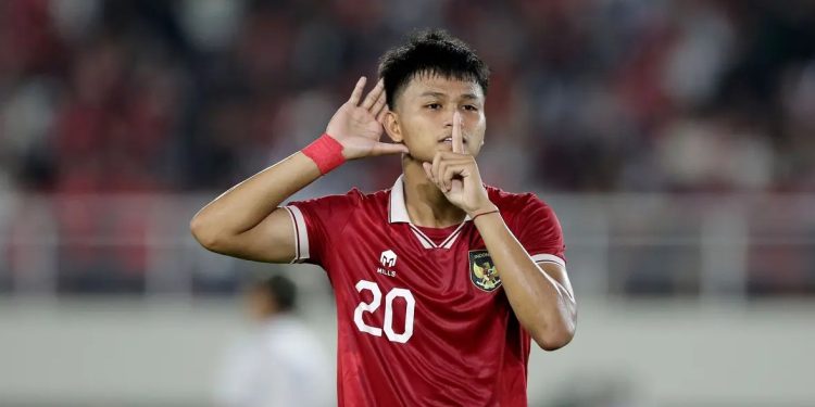 aya selebrasi Hokky Caraka setelah mencetak gol untuk Timnas Indonesia U-23 ke gawang Chinese Taipe dalam pertandingan Grup K Kualifikasi Piala Asia U-23 2024 yang berlangsung di Stadion Manahan