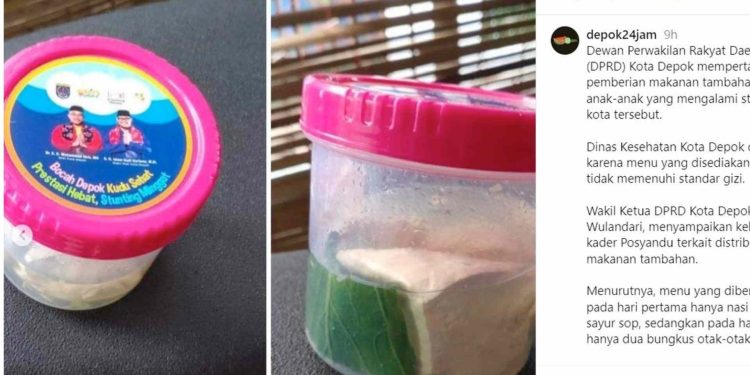 Foto viral menu makanan pencegah stunting dari Pemerintah Kota Depok cuma tahu putih dan sawi diberi kuah