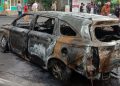 Kondisi mobil yang terbakar di depan SPBU Gejayan