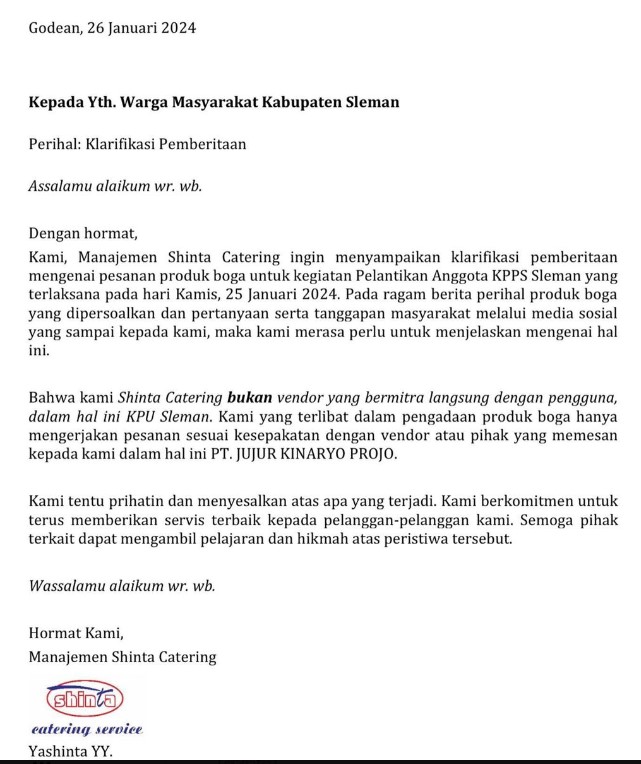Klarifikasi Shinta Catering terkait Konsumsi Viral KPPS