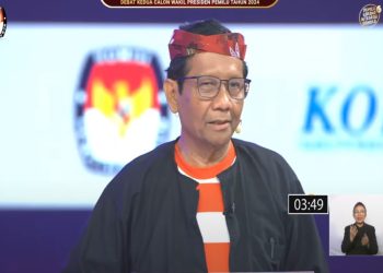 Mahfud MD saat menyampaikan visi misi dan program kerja dalam Debat Calon Wakil Presiden Pemilu Tahun 2024 yang berlangsung di Jakarta Convention Center