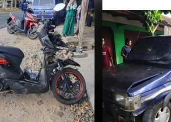 Kecelakaan lalu lintas antara mobil Toyota Kijang dan sepeda motor Honda Beat terjadi di Simpang Empat Mokol