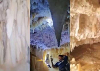 Keindahan stalakmit dan stalagtit dalam goa yang ditemukan saat proses pembangunan JJLS di Kalurahan Planjan, Kapanewon Saptosari, Gunungkidul, Jogja