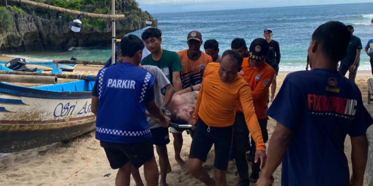 Petugas SAR Satlinmas Saat Mengevakuasi WNA yang Terseret Ombak di Pantai Slili