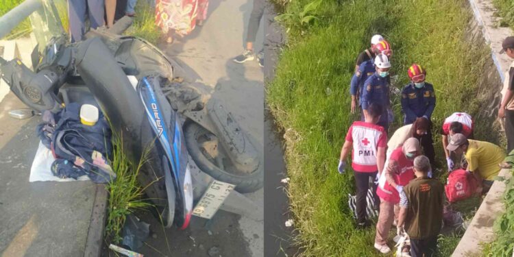 Petugas Gabungan sedang melakukan evakuasi korban terpental di Sungai korban kecelakaan di Jembatan Plakaran