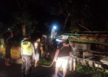 Petugas kepolisian dan warga bergotong royong mengevakuasi truk bermuatan ayam potong yang terguling di turunan bawah Kopi Moyeng, Girimulyo, Kulon Progo