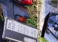 Kondisi sepeda motor Honda Genio AB 2689 RR dan mobil Honda Brio AD 1445 ZF usai terlibat tabrakan di Jalan Playen–Paliyan, Gunungkidul