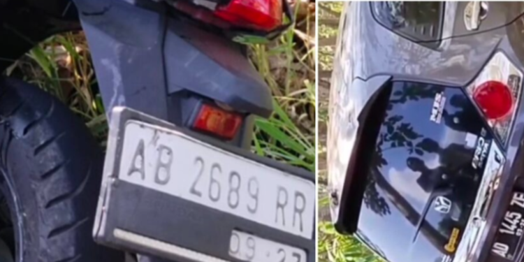Kondisi sepeda motor Honda Genio AB 2689 RR dan mobil Honda Brio AD 1445 ZF usai terlibat tabrakan di Jalan Playen–Paliyan, Gunungkidul