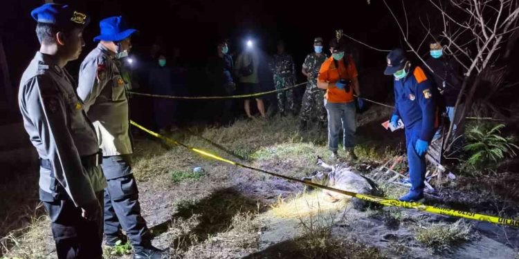 Petugas gabungan dari Polres Bantul, SAR, dan aparat desa melakukan olah tempat kejadian perkara (TKP) penemuan mayat perempuan tanpa identitas di utara pendopo Dewa Ruci, Wonoroto, Gadingsari, Sanden, Bantul