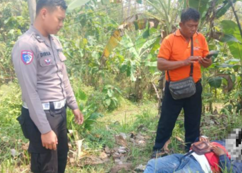 Petugas kepolisian bersama warga mengevakuasi pengendara motor yang terjatuh akibat tergelincir tumpahan solar di Jalan Jogja–Wonosari, Padukuhan Kerjan, Patuk, Gunungkidul