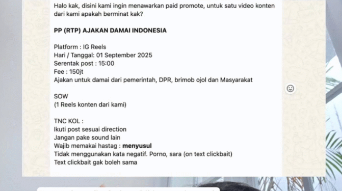 Tangkapan layar unggahan di media sosial yang menyinggung tawaran bayaran Rp150 juta untuk menjadi buzzer