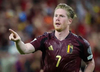 Gelandang Timnas Belgia Kevin De Bruyne merayakan keberhasilannya mencetak gol ke gawang Timnas Kazakhstan pada pertandingan Grup J Kualifikasi Piala Dunia 2026 zona Eropa di Stadion Lotto Park, Anderlecht