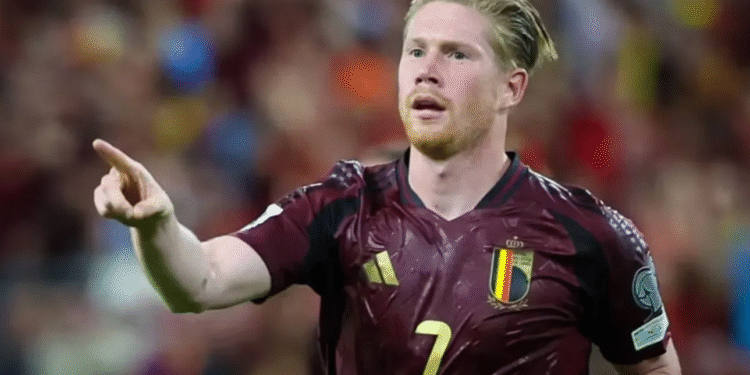 Gelandang Timnas Belgia Kevin De Bruyne merayakan keberhasilannya mencetak gol ke gawang Timnas Kazakhstan pada pertandingan Grup J Kualifikasi Piala Dunia 2026 zona Eropa di Stadion Lotto Park, Anderlecht