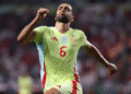 Gelandang Timnas Spanyol Mikel Merino merayakan keberhasilannya mencetak gol ketiga dirinya ke gawang Timnas Turki pada pertandingan Grup E Kualifikasi Piala Dunia 2026 zona Eropa