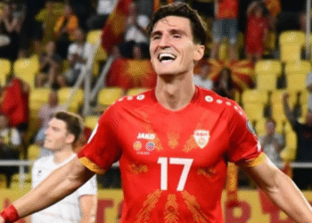 Penyerang Timnas Makedonia Utara Lirim Qamili merayakan keberhasilannya mencetak gol ke gawang Timnas Lichtenstein pada Grup J Kualifikasi Piala Dunia 2026