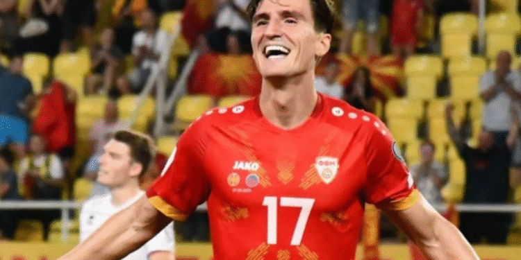 Penyerang Timnas Makedonia Utara Lirim Qamili merayakan keberhasilannya mencetak gol ke gawang Timnas Lichtenstein pada Grup J Kualifikasi Piala Dunia 2026