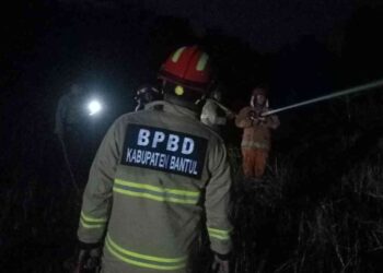 Petugas Damkar saat berjibaku memadamkan api yang membakar lahan kosong di Dusun Bandut Lor, Argorejo, Sedayu