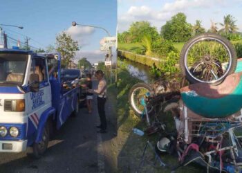 Petugas kepolisian melakukan olah tempat kejadian perkara (TKP) kecelakaan lalu lintas di Simpang Tiga Sempalan Pundong