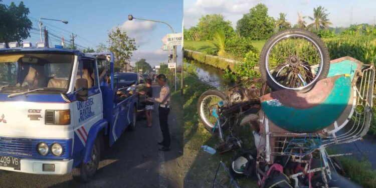 Petugas kepolisian melakukan olah tempat kejadian perkara (TKP) kecelakaan lalu lintas di Simpang Tiga Sempalan Pundong