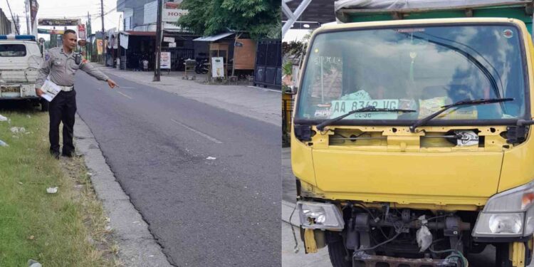 Petugas kepolisian menunjuk lokasi terjadinya kecelakaan di Jalan Mrisi, Kasihan, Bantul, Sabtu