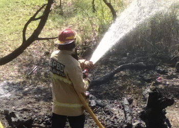 Petugas pemadam kebakaran BPBD Bantul berusaha memadamkan api yang membakar tumpukan kayu di pinggir Sungai Opak, sekitar wisata Bojong Asri, Parangtritis, Kretek, Bantul, Minggu (7/9/2025).