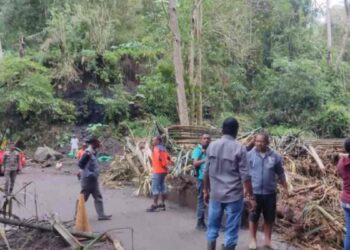 Petugas dan warga membersihkan material di ruas-ruas jalan menuju pusat bencana di Kecamatan Mauponggo, Kabupaten Nagekeo, Nusa Tenggara Timur. (BPBD Kabupaten Nagekeo)