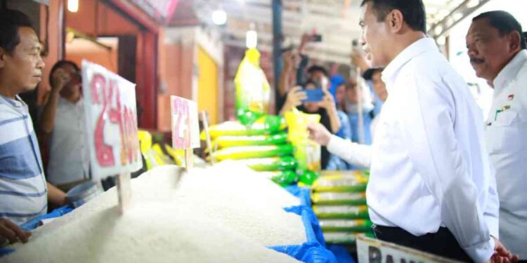 Menteri Pertanian Andi Amran Sulaiman melakukan inspeksi mendadak (sidak) ke Pasar Panorama, Kota Bengkulu, Rabu (17/9/2025), untuk memastikan pelaksanaan operasi pasar beras Stabilisasi Pasokan dan Harga Pangan (SPHP). (Foto: Dok Kementan)
