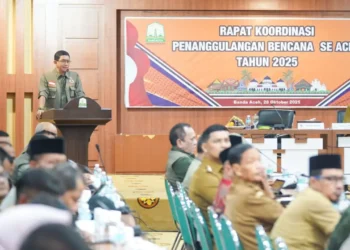 Foto : Kepala BNPB Letjen TNI Dr. Suharyanto S.Sos., M.M., (Baju hijau rompi hijau) saat memimpin Rapat Koordinasi Penanganan Bencana se-Provinsi Aceh yang digelar di Kantor Gubernur Aceh, Selasa (28/10). (Bidang Komunikasi Kebencanaan/Apri Setiawan)