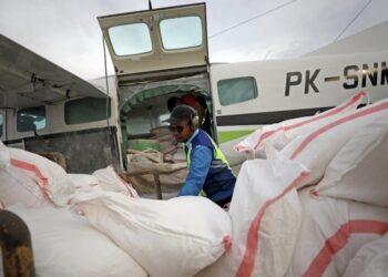 Petugas memuat bahan semai Natrium Klorida (NaCl) ke dalam lambung pesawat dalam rangkaian proses Operasi Modifikasi Cuaca (OMC) Jawa Tengah di Apron Bandara Ahmad Yani, Semarang, Jawa Tengah, Rabu (29/10/2025). (Foto: Dok. BNPB)