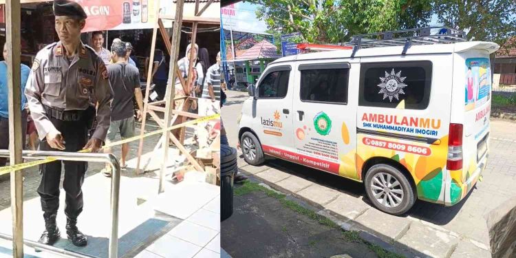 Petugas kepolisian memasang garis polisi di area toilet Pasar Imogiri Baru, Bantul, lokasi ditemukannya seorang pria lanjut usia yang meninggal dunia secara mendadak, Senin (22/12/2025)