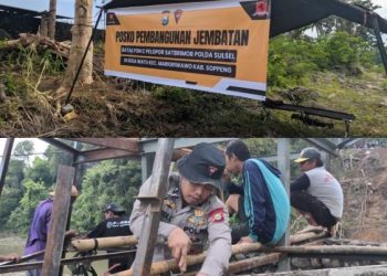 Polri dan Satbrimob Polda Sulsel Bantu Pembangunan Jembatan Gantung di Soppeng