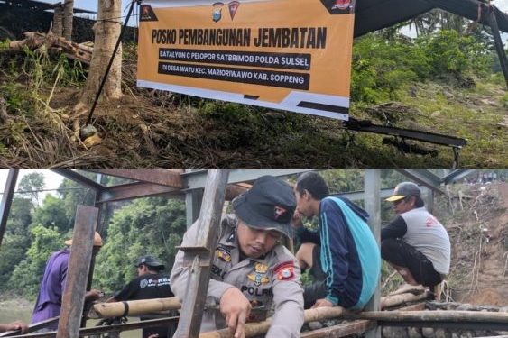 Polri dan Satbrimob Polda Sulsel Bantu Pembangunan Jembatan Gantung di Soppeng