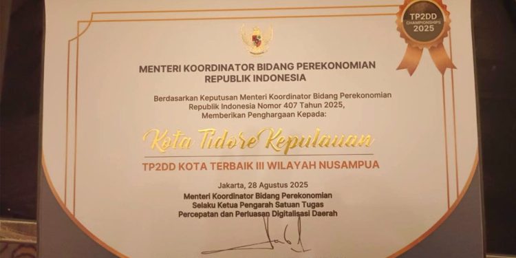 Kota Tidore Kepulauan Terima Dua Penghargaan TP2DD Nasional