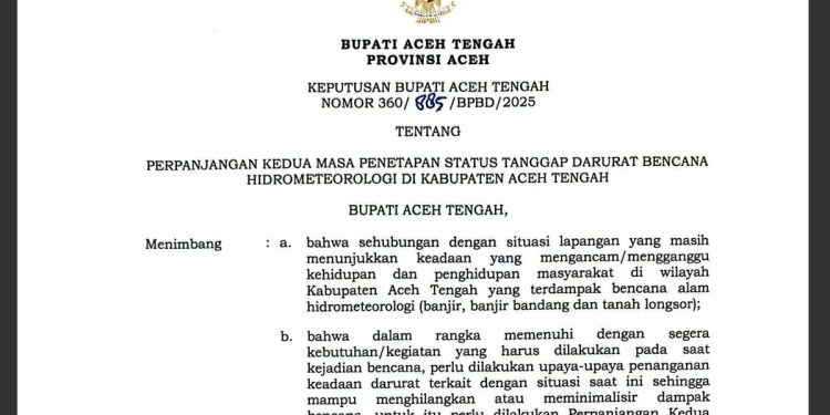 Aceh Tengah Perpanjang Status Darurat Bencana Hidrometeorologi