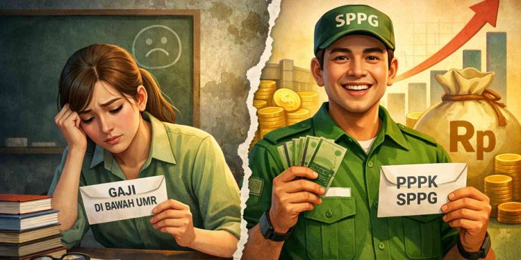 Ilustrasi gambar perbandingan Gaji Guru Vs SPPG