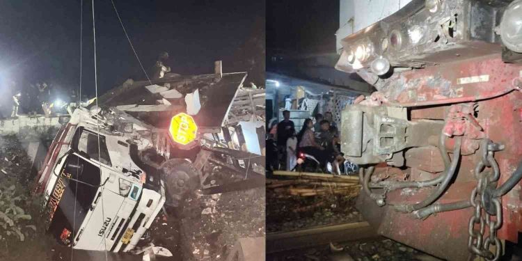 Kondisi rangkaian kereta api dan Truk yang mengalami kerusakan usai terlibat kecelakaan dengan truk tronton di perlintasan sebidang KA Kutowinangun, Kabupaten Kebumen, Selasa (27/1/2026) malam. Benturan keras menyebabkan sejumlah komponen lokomotif dan area sekitar rel terdampak, sementara warga dan petugas terlihat berada di lokasi untuk proses pengamanan dan evakuasi.