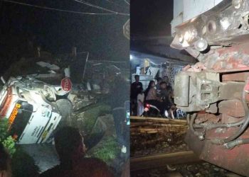 Kondisi truk yang tertemper KA Gajayana di perlintasan sebidang JPL 582 petak jalan Prembun–Kutowinangun, Kabupaten Kebumen, Selasa (27/1/2026) malam. Insiden tersebut sempat mengganggu perjalanan kereta api dan menyebabkan satu jalur rel tidak dapat dilalui hingga proses evakuasi selesai.