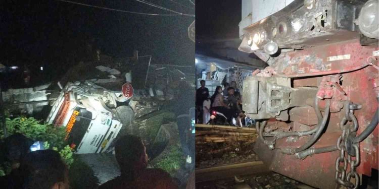 Kondisi truk yang tertemper KA Gajayana di perlintasan sebidang JPL 582 petak jalan Prembun–Kutowinangun, Kabupaten Kebumen, Selasa (27/1/2026) malam. Insiden tersebut sempat mengganggu perjalanan kereta api dan menyebabkan satu jalur rel tidak dapat dilalui hingga proses evakuasi selesai.