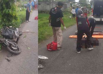 Petugas medis mengevakuasi korban kecelakaan lalu lintas tunggal di Jalan Srandakan, depan SPBU Cengkiran, Pandak, Bantul, Kamis (22/1/2026).