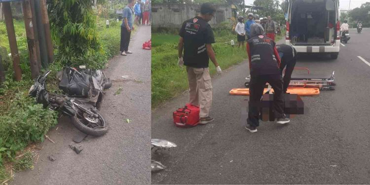 Petugas medis mengevakuasi korban kecelakaan lalu lintas tunggal di Jalan Srandakan, depan SPBU Cengkiran, Pandak, Bantul, Kamis (22/1/2026).