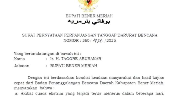 Pemerintah Bener Meriah Perpanjang Status Darurat Bencana Hingga Awal 2026
