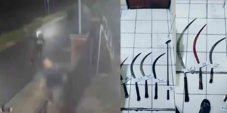 Dokumentasi kasus penyerangan di Jetis, Bantul: tangkapan layar rekaman CCTV yang memperlihatkan sekelompok pelaku melintas sebelum kejadian (kiri) serta barang bukti tujuh bilah celurit dan satu stik golf yang diamankan polisi (kanan).