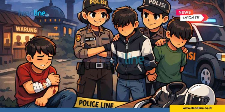 Ilustrasi penangkapan dua terduga pelaku penganiayaan oleh petugas kepolisian di wilayah Bantul, dengan barang bukti berupa jaket dan helm yang diamankan dalam pengungkapan kasus.