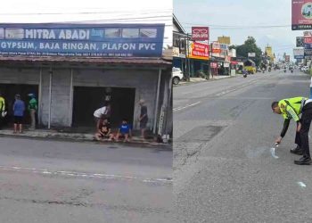 Petugas Satlantas Polresta Sleman melakukan olah tempat kejadian perkara (TKP) dengan memberi tanda di lokasi kecelakaan lalu lintas di Jalan Tajem, Maguwoharjo, Depok, Sleman, Sabtu (21/2/2026) pagi.