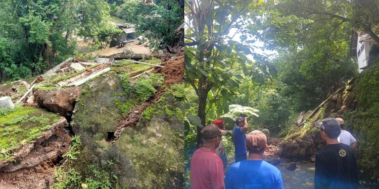 Petugas bersama warga meninjau lokasi talut rumah yang longsor di Dusun Karangasem RT 04, Wukirsari, Imogiri, Bantul, Senin (16/2/2026)